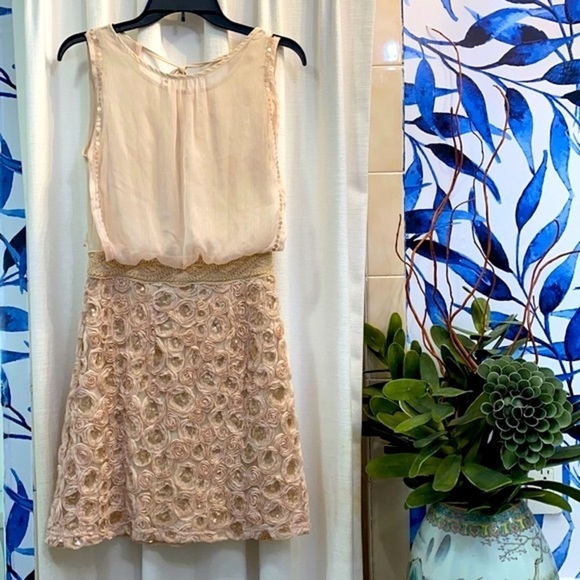 Ryu Cream & Beige Sequin Rosette Mini Dress Size Small - Picture 1 of 12